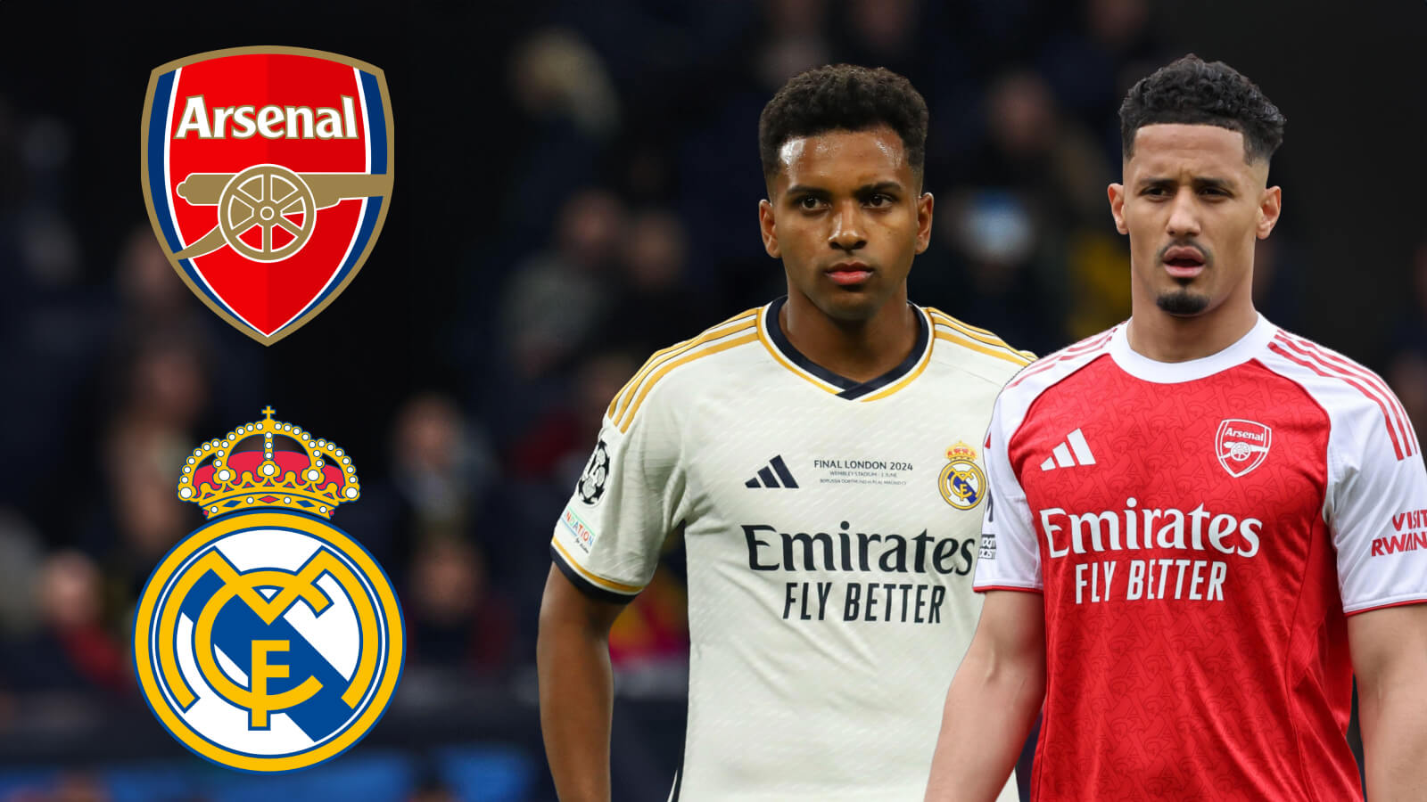 F365 Rodrygo William Saliba with Arsenal and Real Madrid badges 1 1