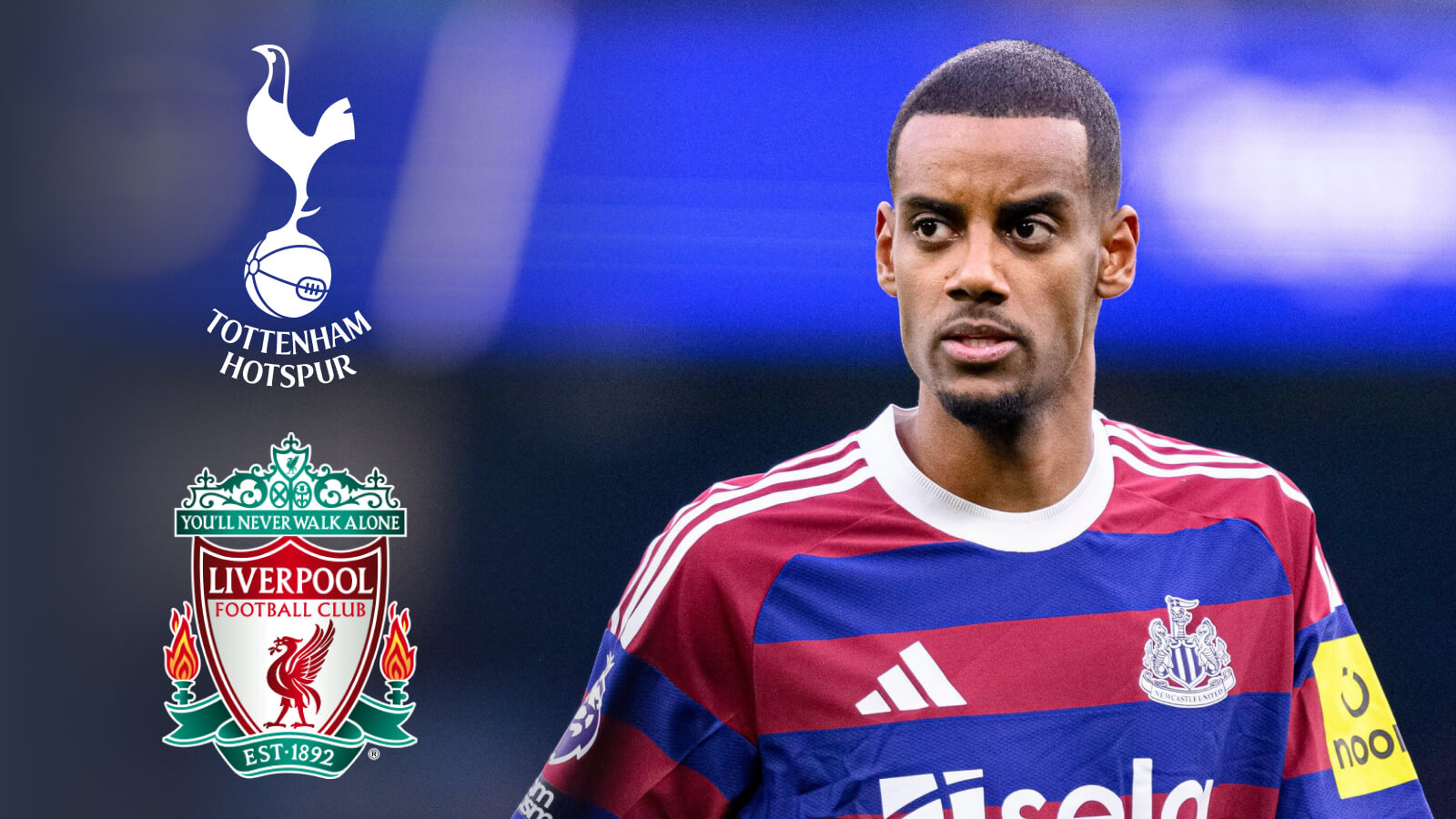 F365 Alexander Isak with the Tottenham and Liverpool badges 1