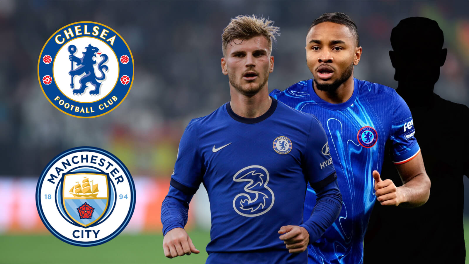 F365 Timo Werner Christopher Nkunku the shadow of Xavi Simonswith Chelsea and Man City badges 1 1