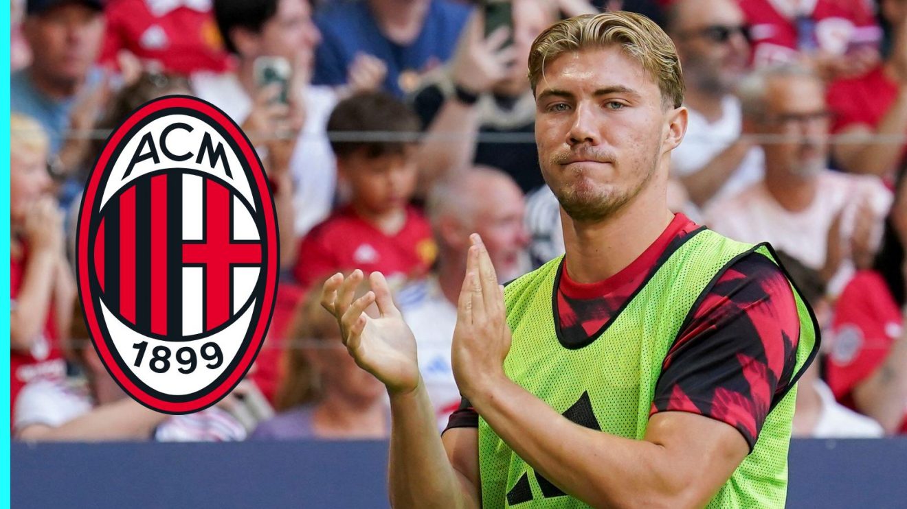 Man Utd striker Rasmus Hojlund with the AC Milan badge