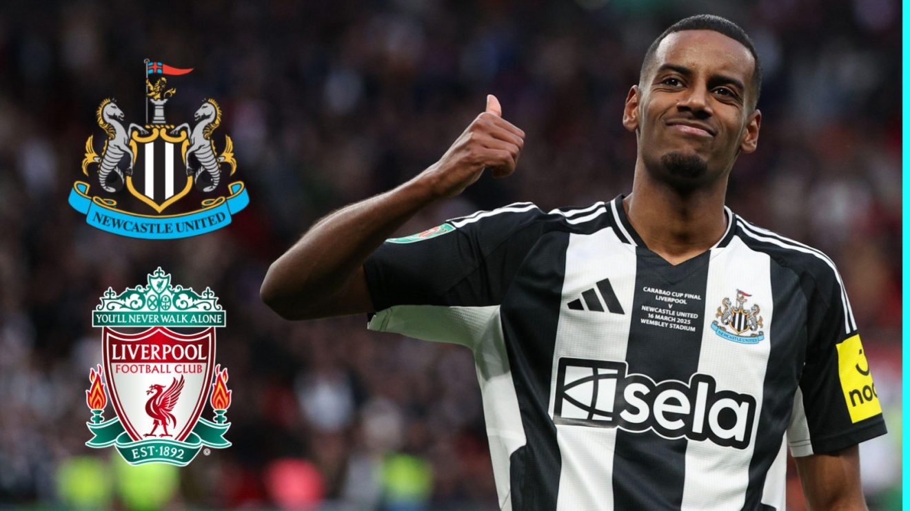Alexander Isak with the Liverpool and Newcastle badges
