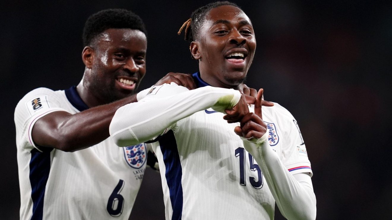 Eberechi Eze and Marc Guehi celebrate a goal