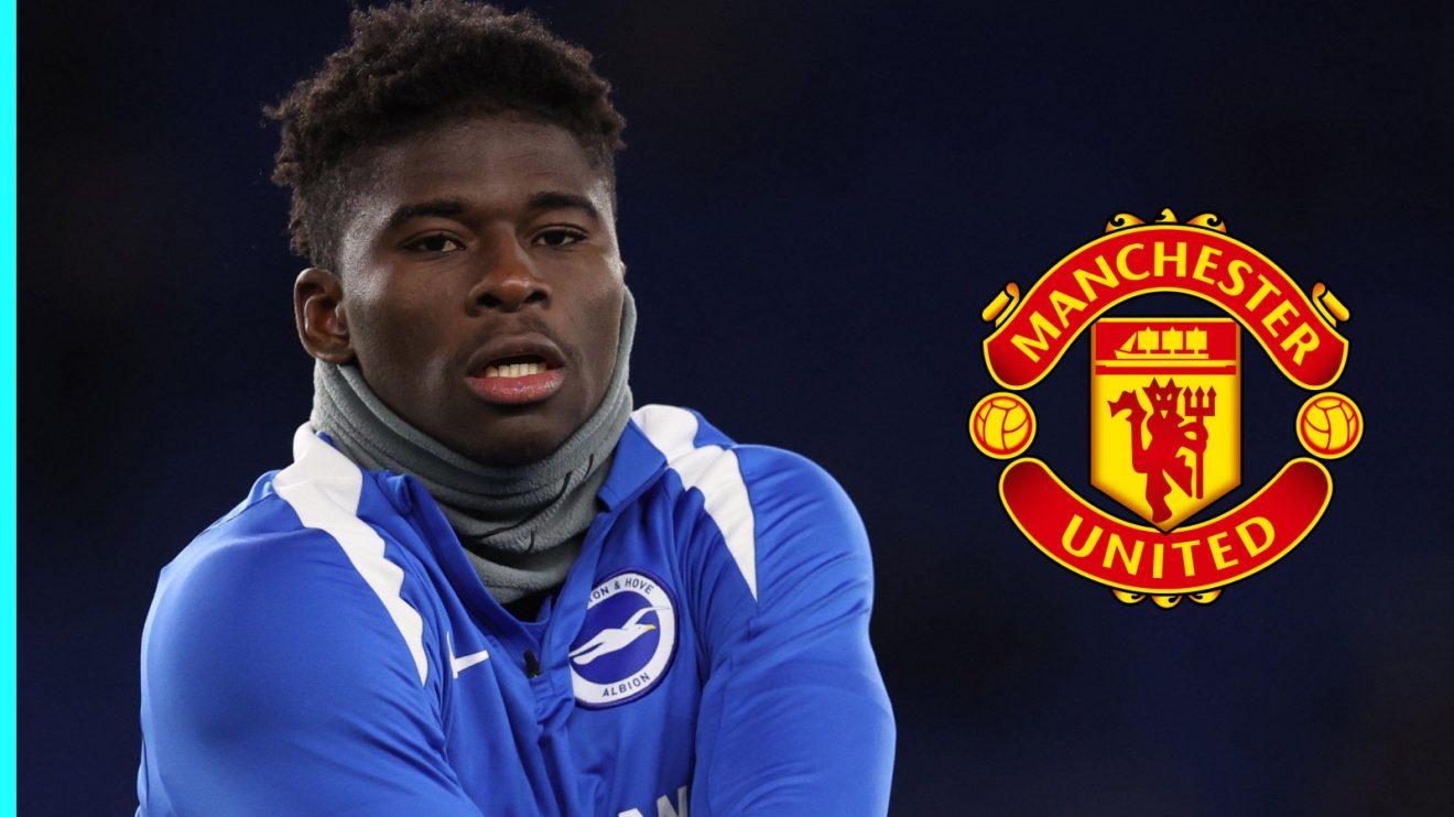 Carlos Baleba with the Man Utd badge