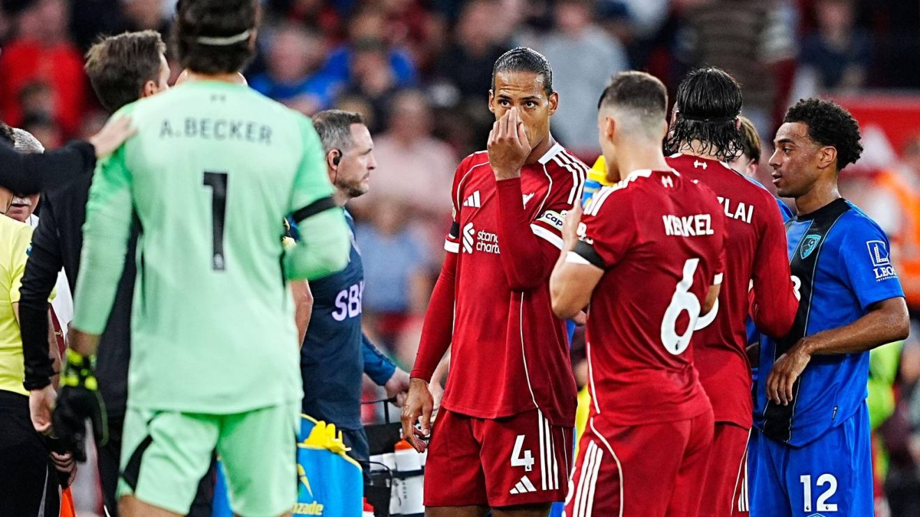 Liverpool and Bournemouth players during a stoppage in play