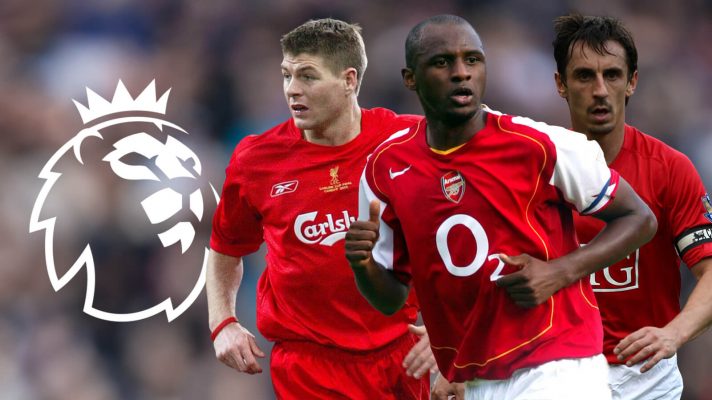 Steven Gerrard, Patrick Vieira and Gary Neville with the Premier League badge.