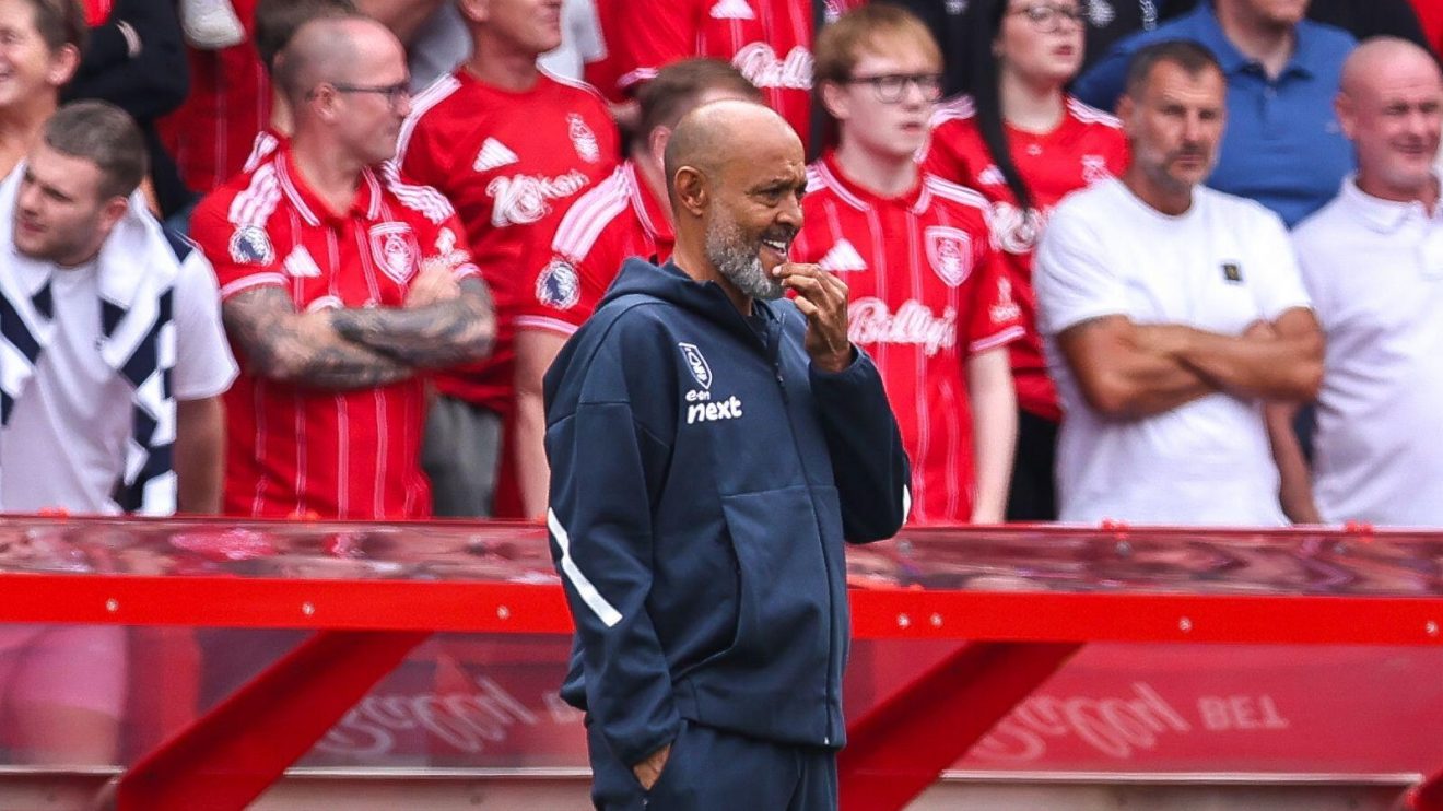 Nottingham Forest manager Nuno Espirito Santo pictured in thought at the City Ground