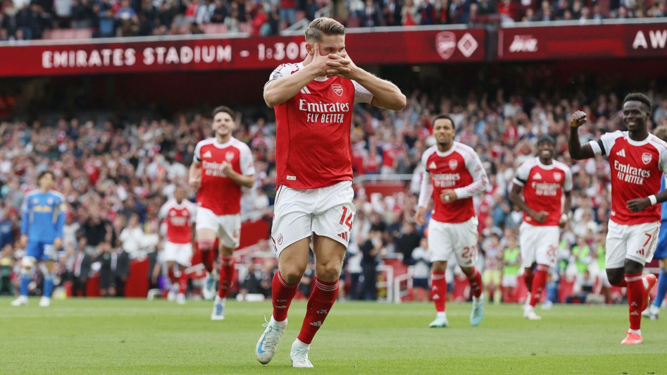 Viktor Gyokeres celebrates his first Premier League goal for Arsenal in a 5-0 win over Leeds