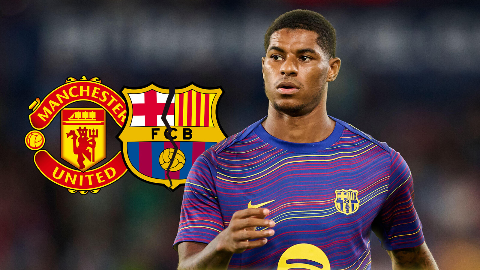 F365 Marcus Rashford with cracked Barcelona Man utd badges 1