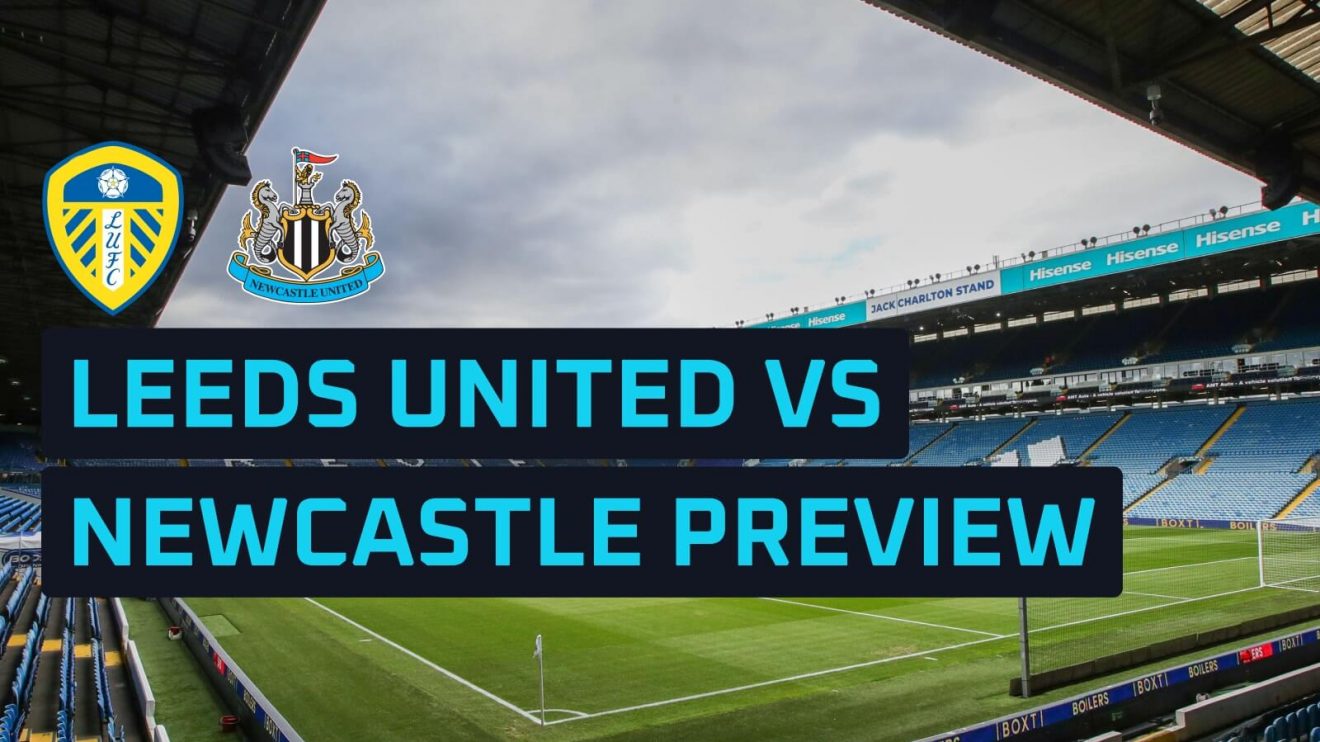 Leeds United and Newcastle badges with Elland Road in the background