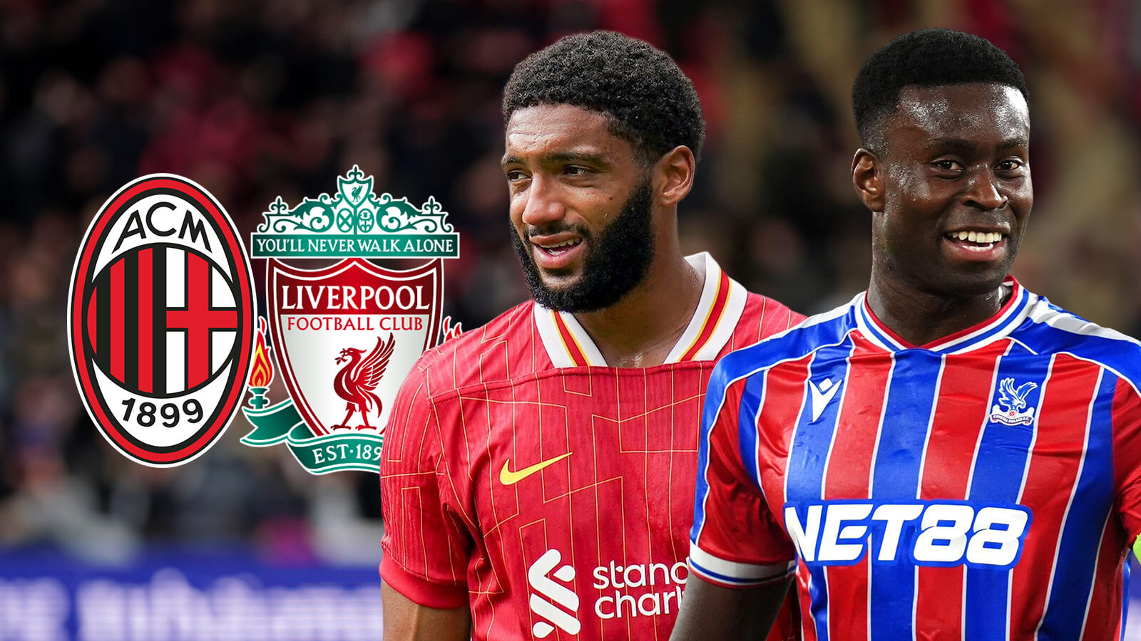 F365 Marc Guehi Joe Gomez with Liverpool and AC Milan badges 1