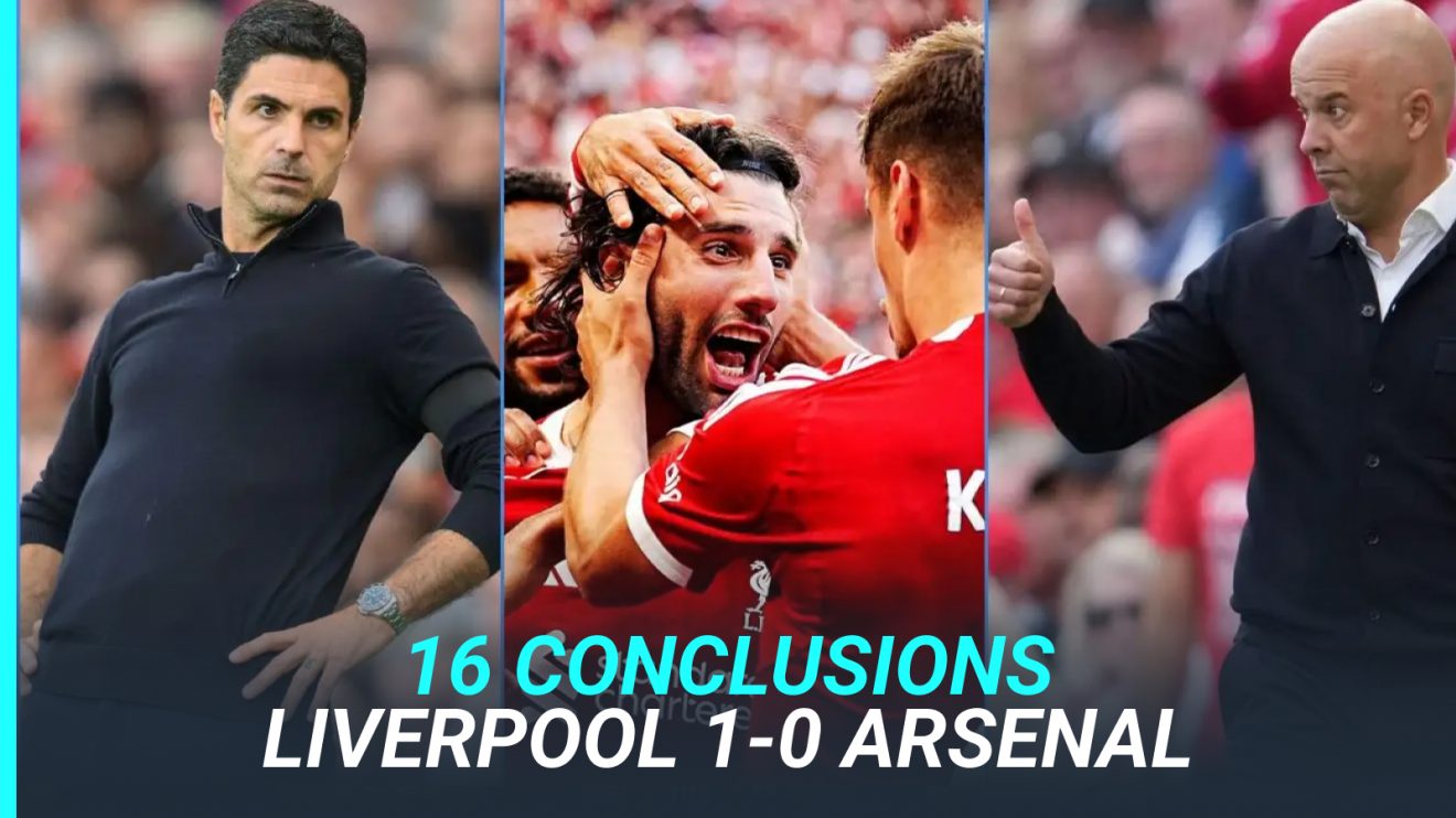 Arsenal coach Mikel Arteta, Liverpool players including Dominik Szoboszlai and coach Arne Slot
