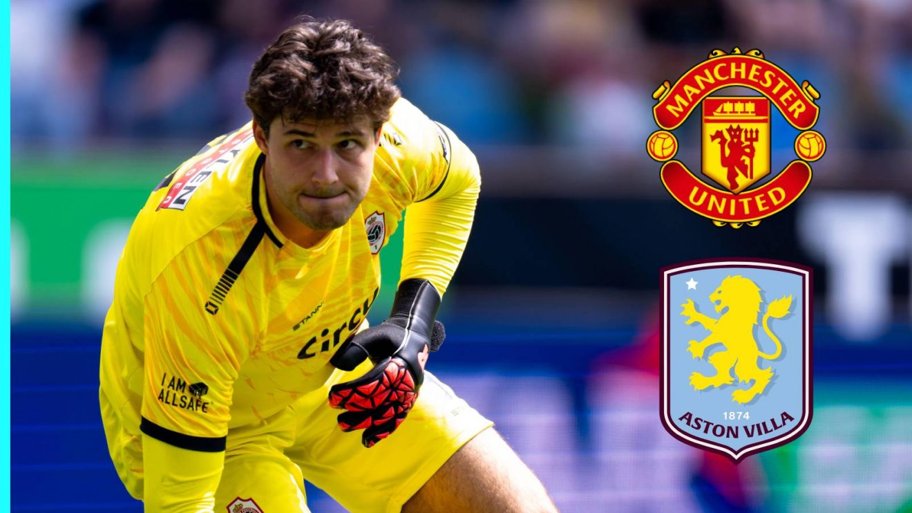 Senne Lammens with the Man Utd and Aston Villa badges