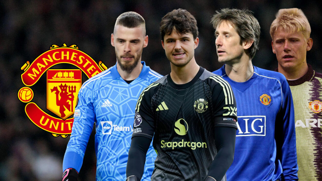 Manchester United goalkeepers Peter Schmeichel, Edwin van der Sar, David De Gea and Senne Lammens.