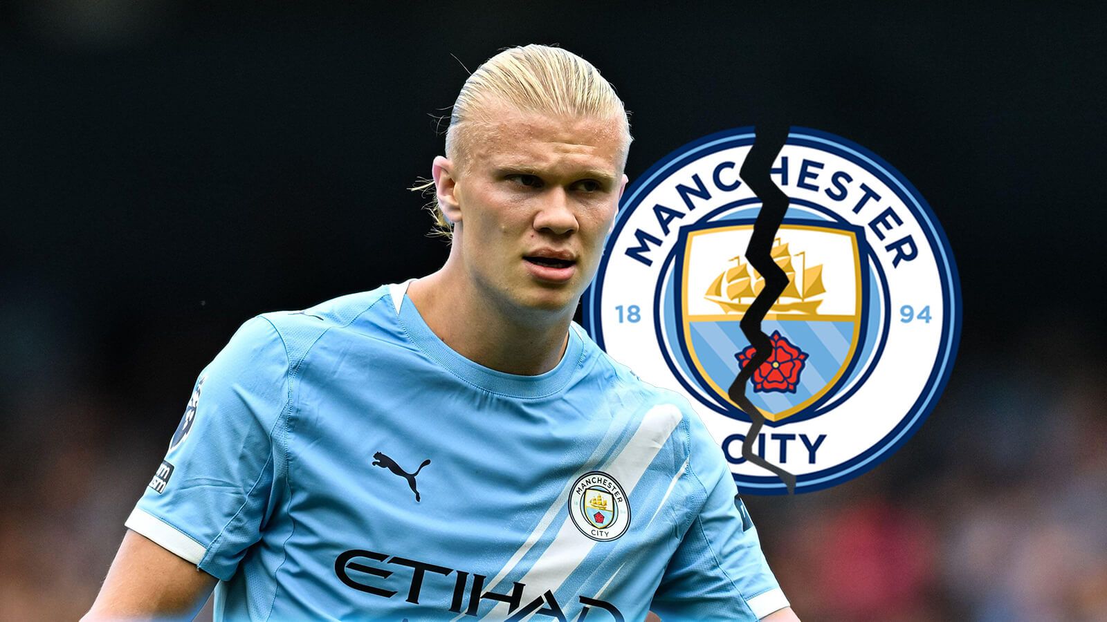 Erling Haaland with Cracked man city badge