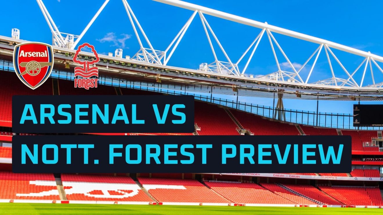 Arsenal and Nottingham Forest team badges with the Emirates Stadium in the background