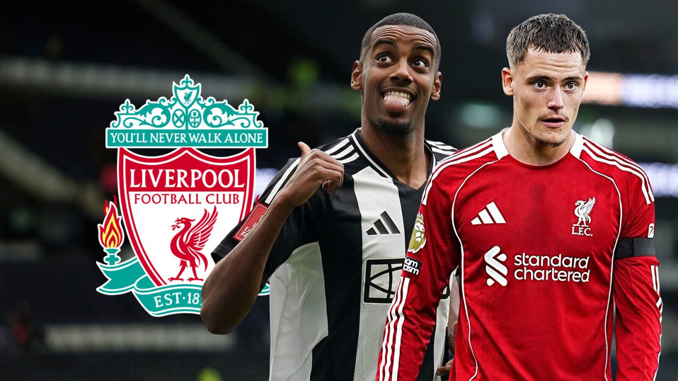 Alexander Isak and Florian Wirtz with the Liverpool badge.