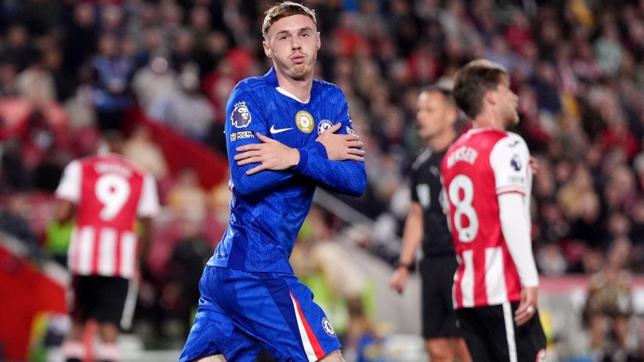 Cole Palmer celebrates his leveller for Chelsea.