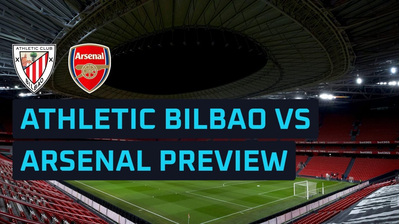 Athletic Bilbao and Arsenal club badges against a backdrop of the San Mames Stadium