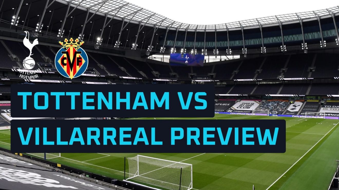 Tottenham and Villarreal club badges with stadum in the background