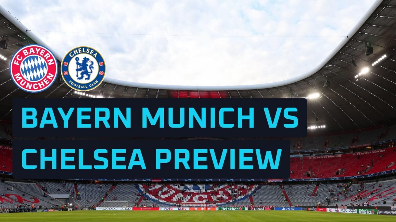 Bayern Munich and Chelsea club badges with the Allianz Arena in the background