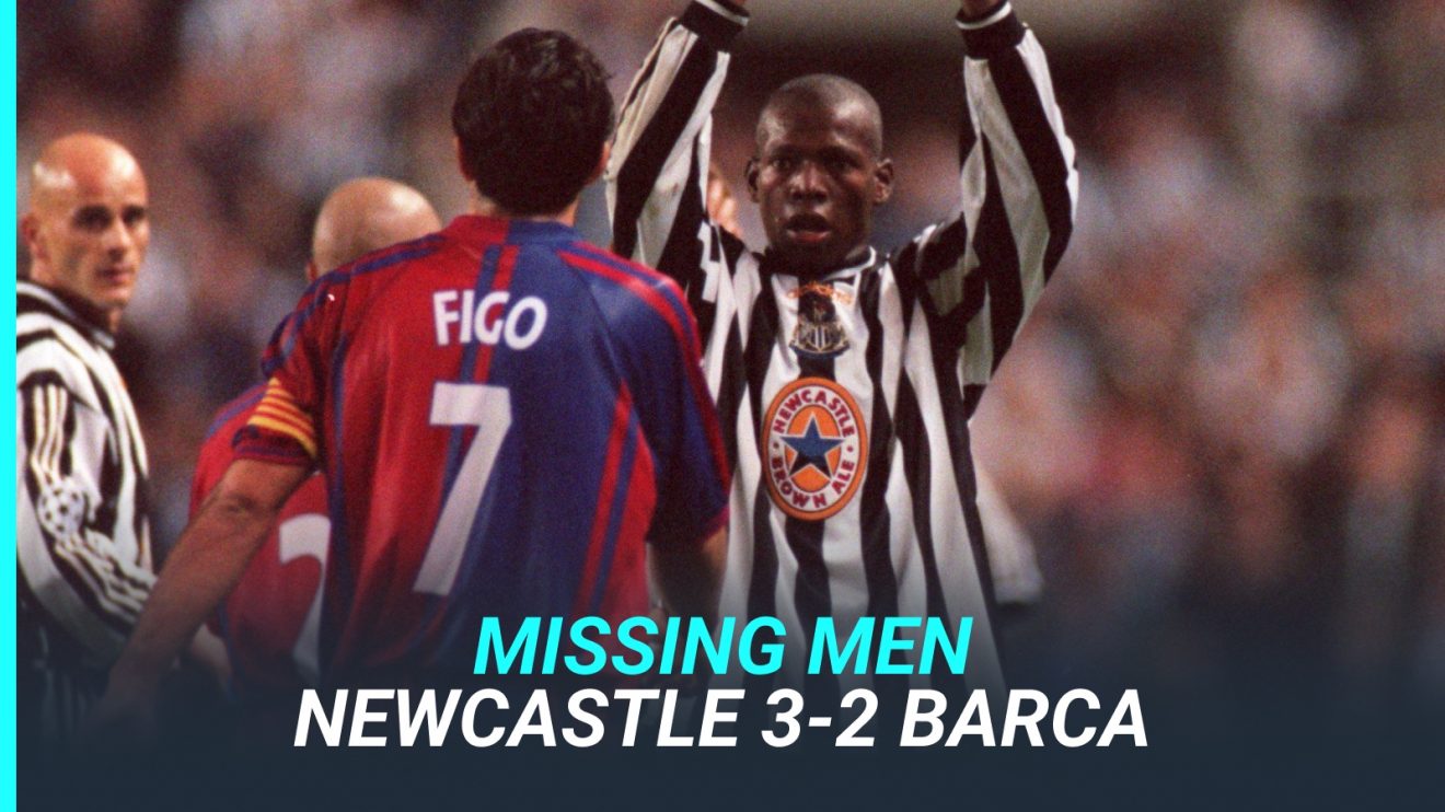 Tino Asprilla celebrates beating Barca in 1997.