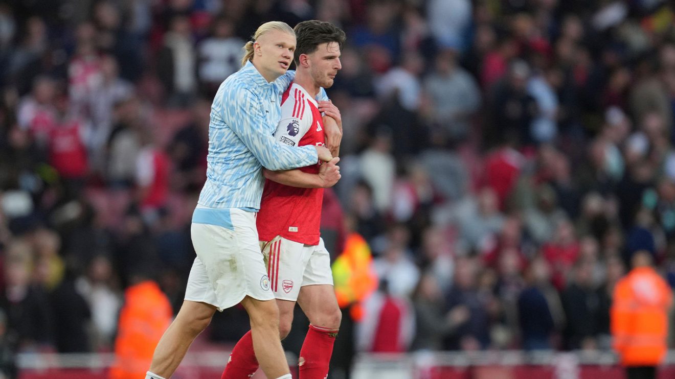 Erling Haaland and Declan Rice embrace after the final whistle