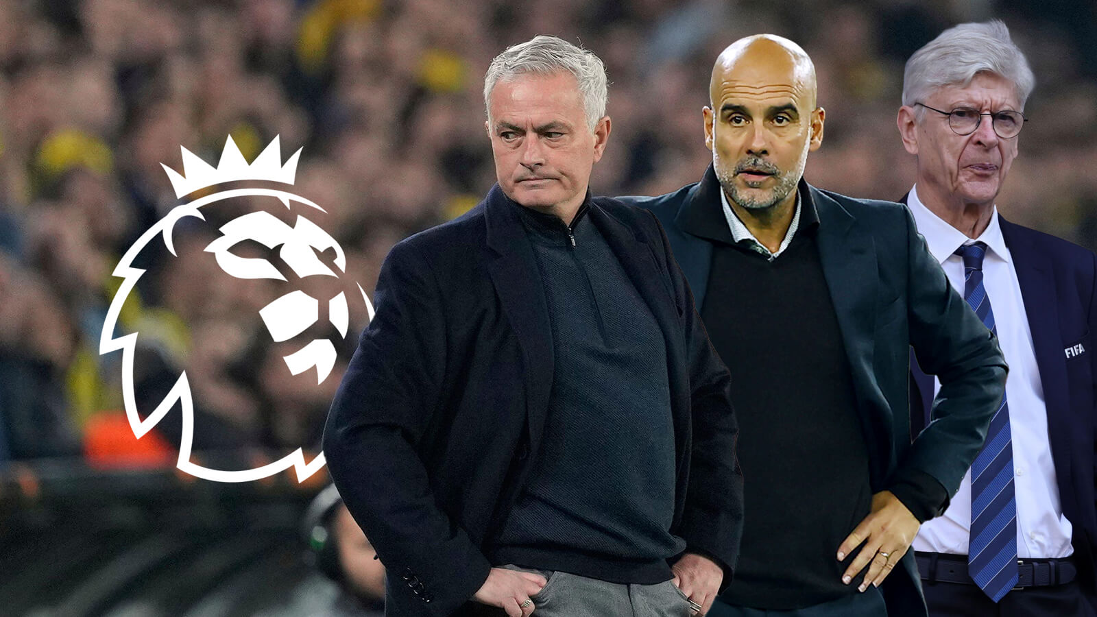 F365 Pep Guardiola Jose Mourinho Arsene Wenger with Premier League badge 1