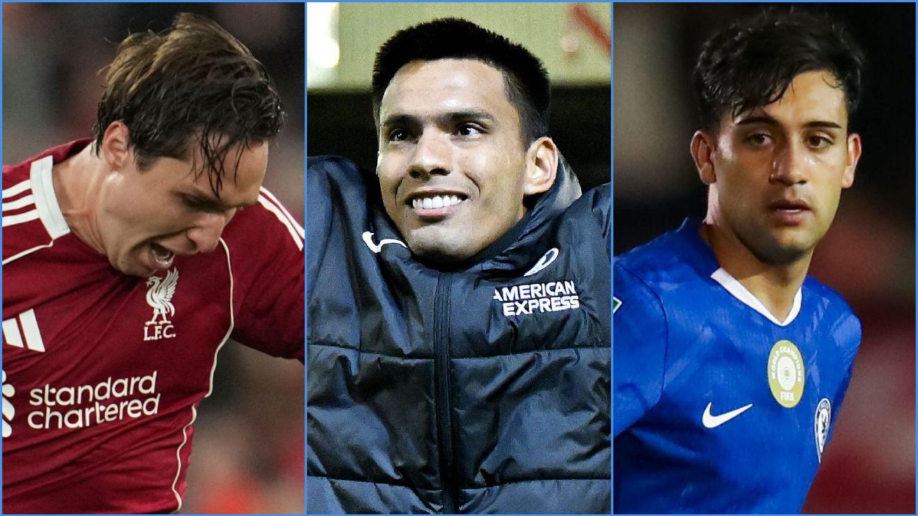 Liverpool forward Federico Chiesa, Brighton player Diego Gomez and Facundo Buonanotte of Chelsea