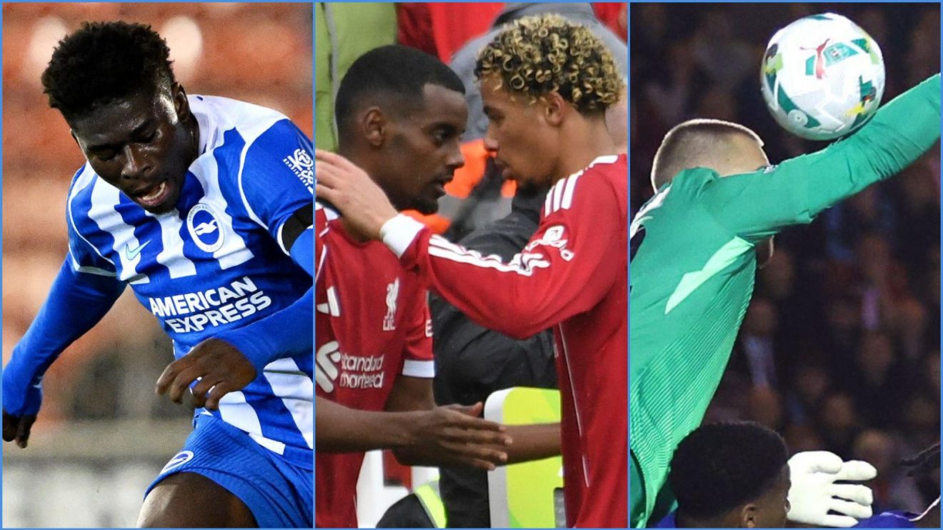Brighton's Carlos Baleba, Liverpool's Alexander Isak and Hugo Ekitike and Chelsea's Filip Jorgensen