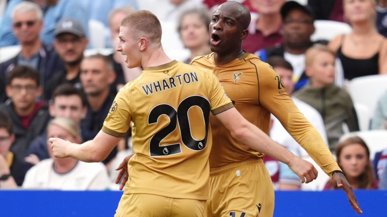Man Utd-linked star Adam Wharton celebrates a goal with Jean-Philippe Mateta