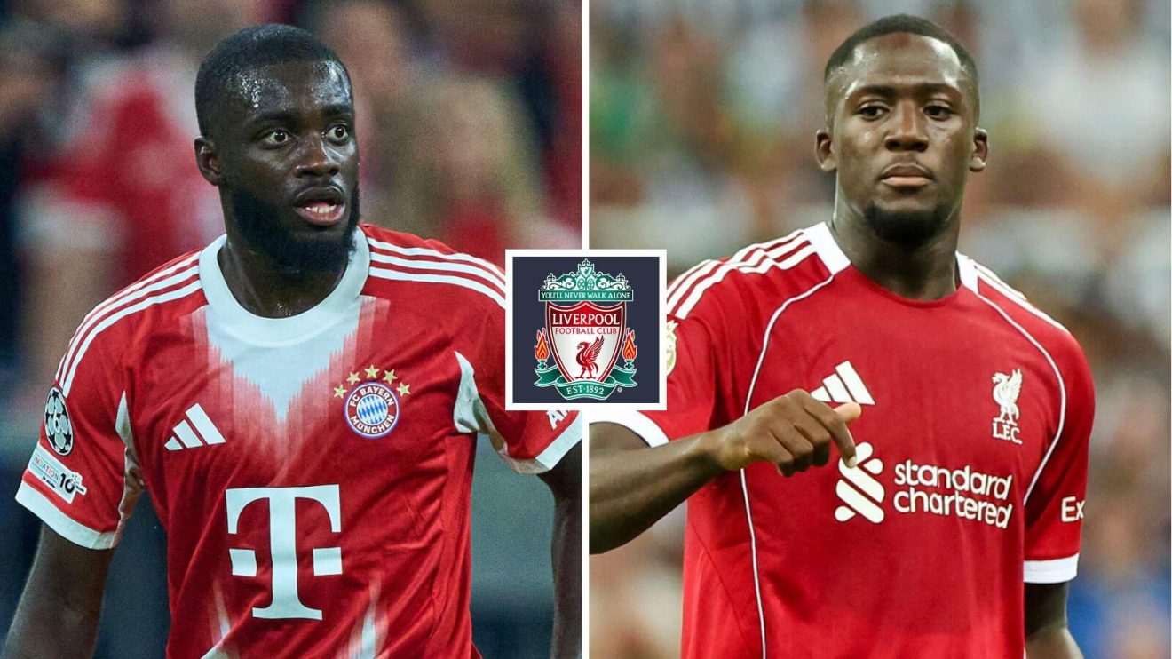 Ibrahima Konate and Dayot Upamecano with the Liverpool badge