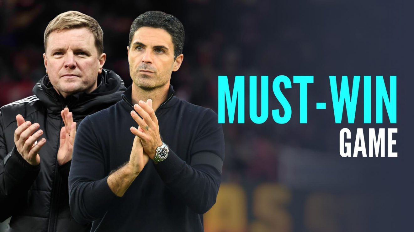 Mikel Arteta and Eddie Howe with the text MUST-WIN GAME