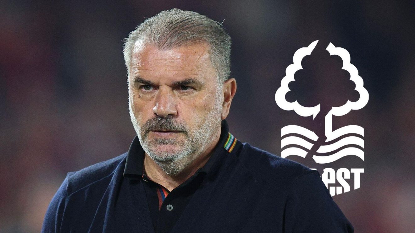 Ange Postecoglou with a cracked Nottingham Forest badge