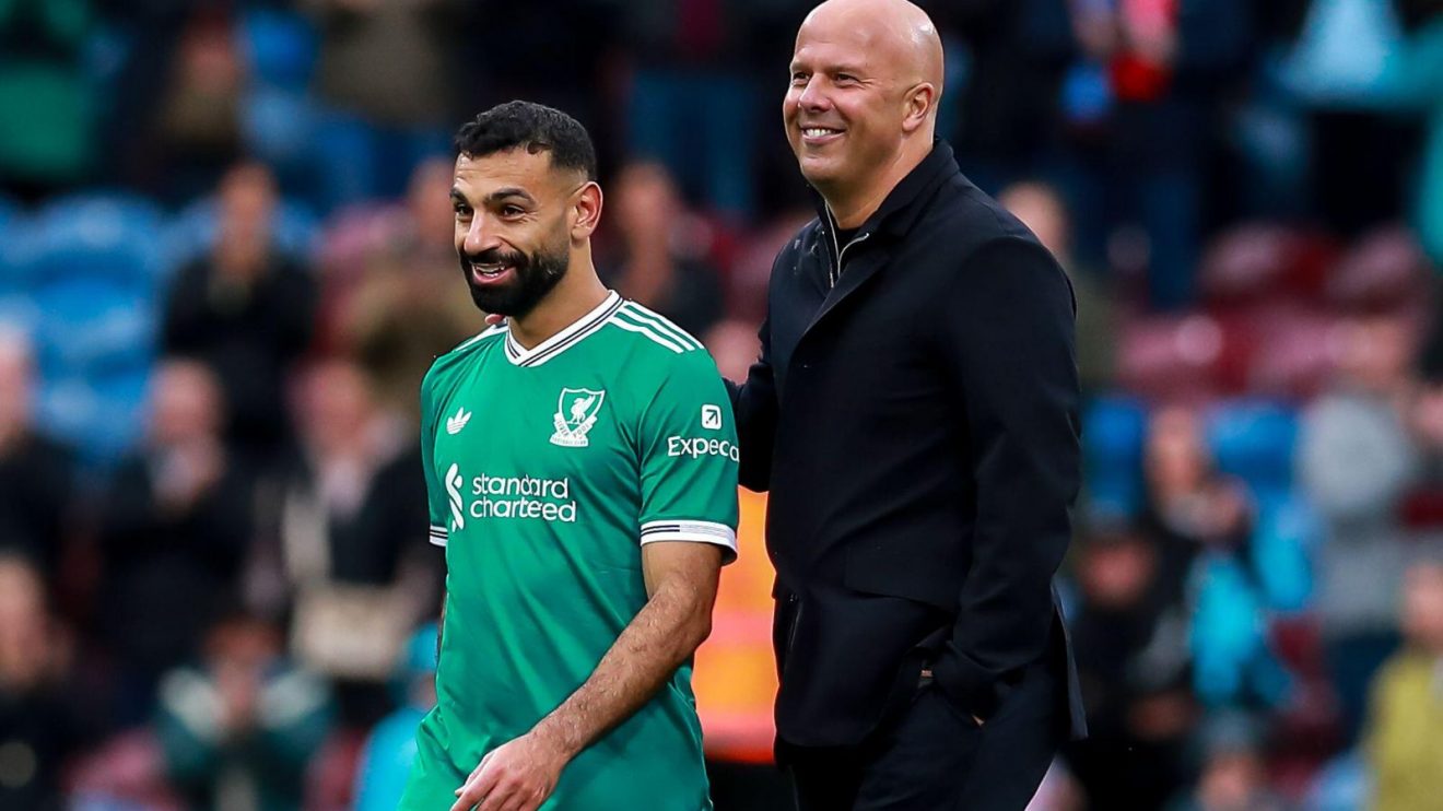 Liverpool boss Arne Slot and Mohamed Salah after a win