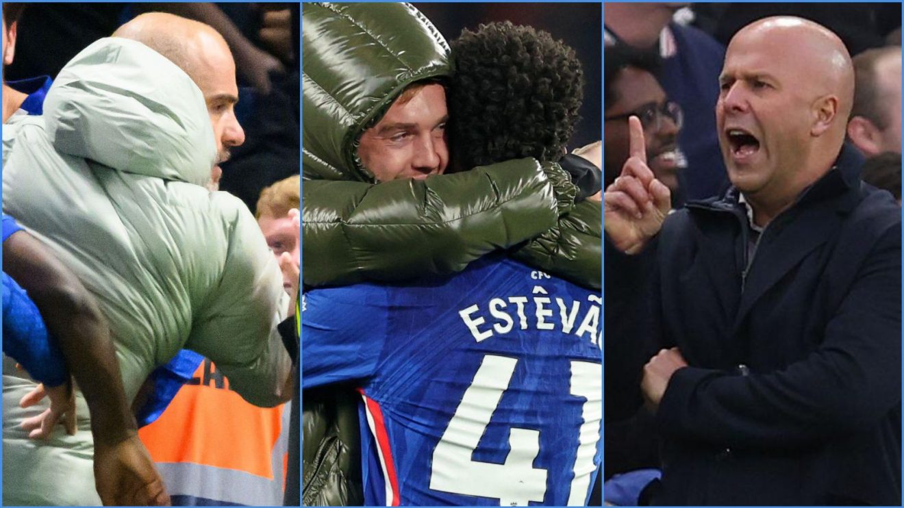 Chelsea's Enzo Maresca, Cole Palmer and Estevao, with Liverpool coach Arne Slot