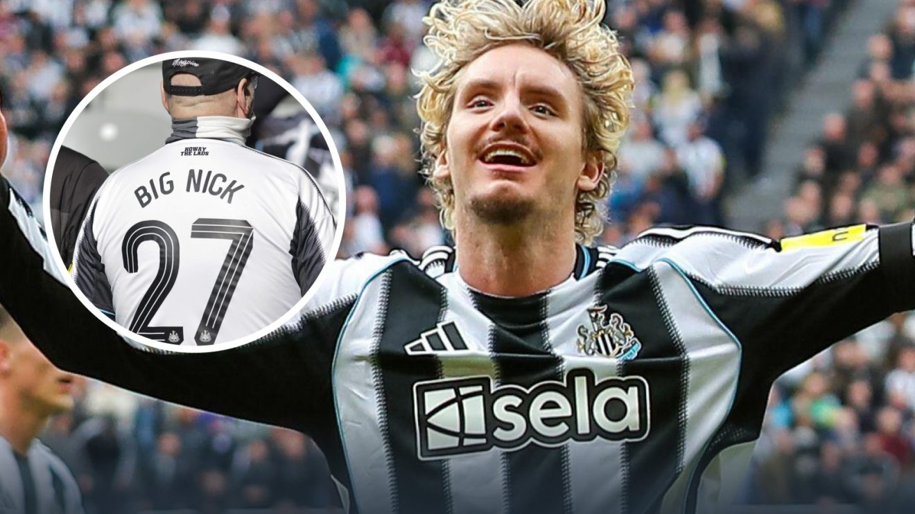 Newcastle striker Nick Woltemade with, inset, a fan with his shirt.