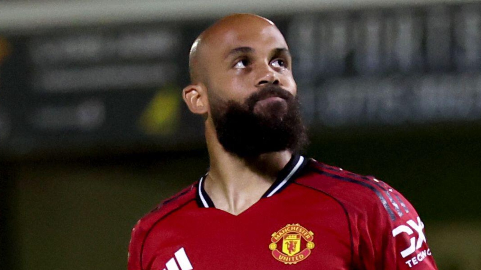 Manchester United forward Bryan Mbeumo reacts against Grimsby