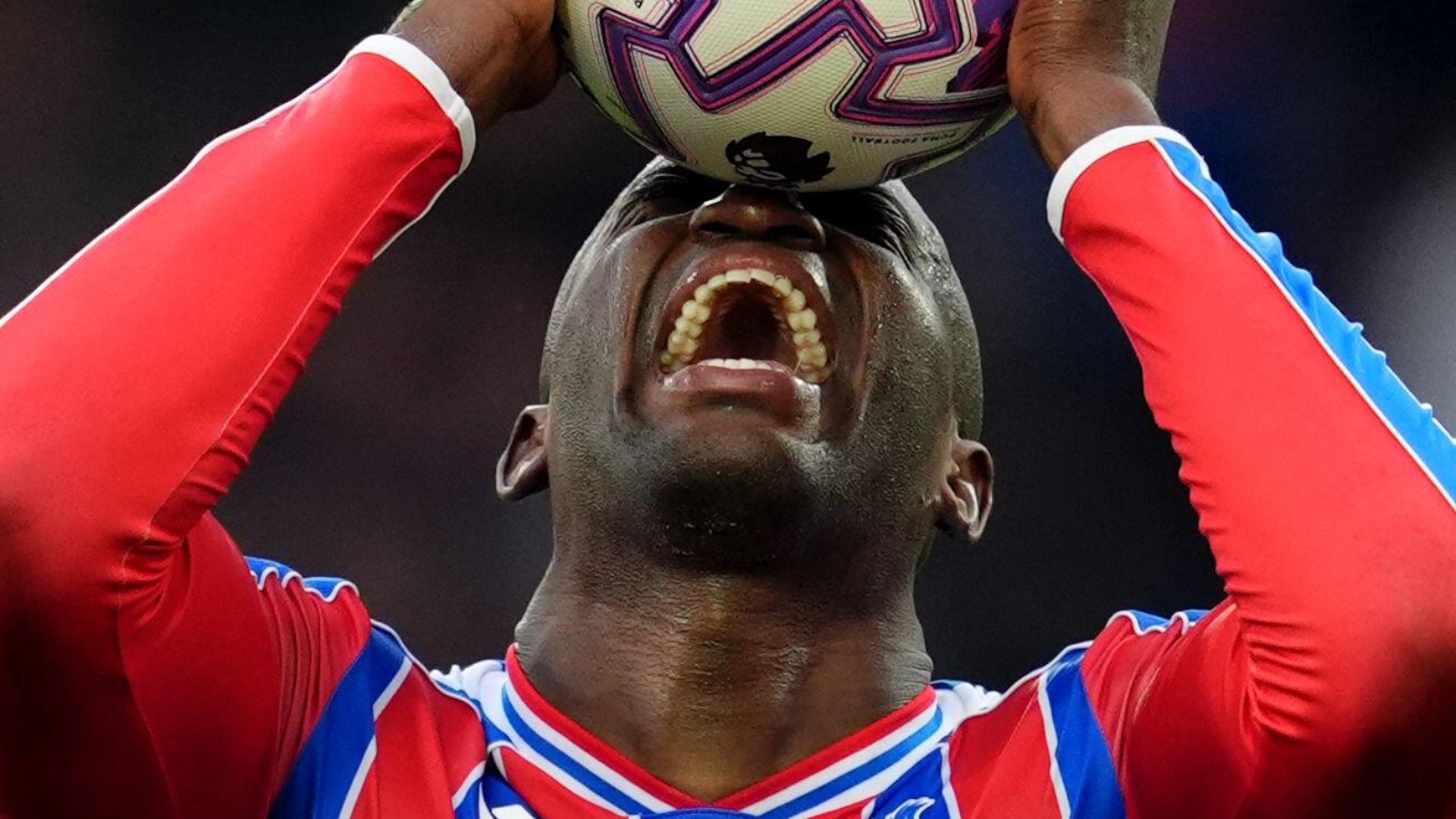 Crystal Palace striker Jean Philippe Mateta reacts with frustration