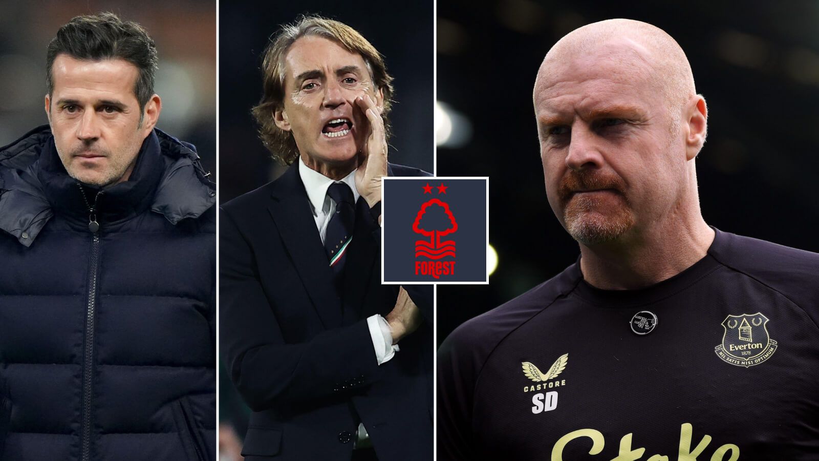 Sean Dyche Roberto Mancini and Marco Silva with Nottm Forests badge