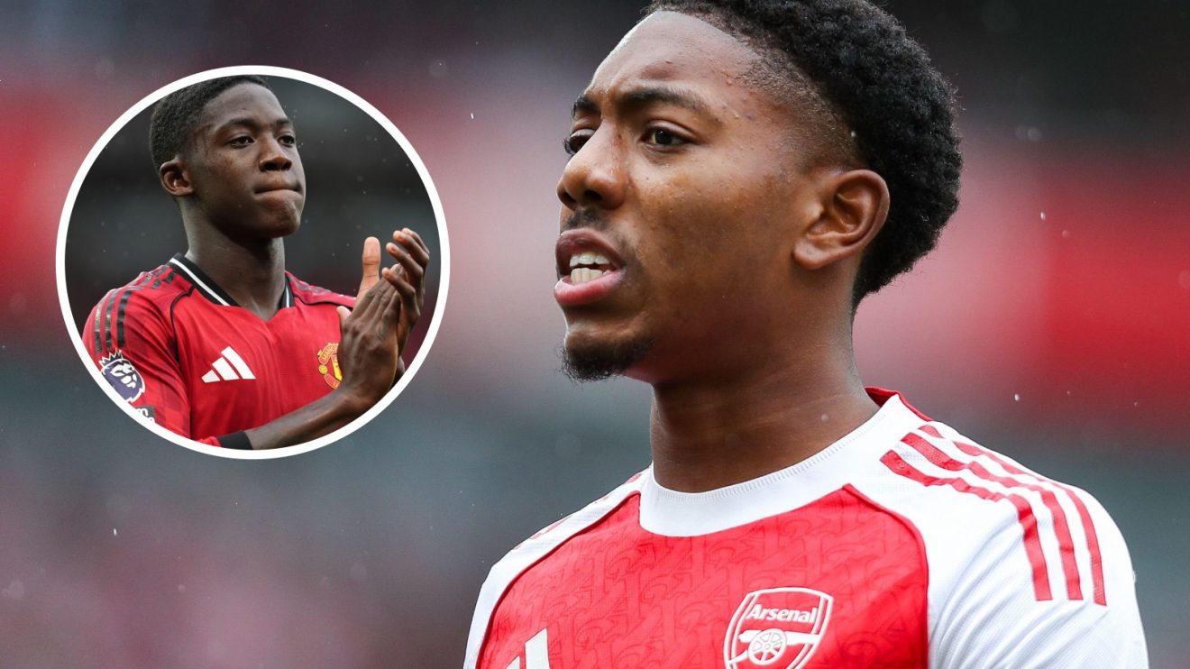 Arsenal defender Myles Lewis-Skelly and, inset, Man Utd midfielder Kobbie Mainoo.