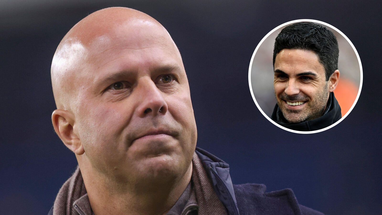 Liverpool manager Arne Slot with Arsenal coach Mikel Arteta inset