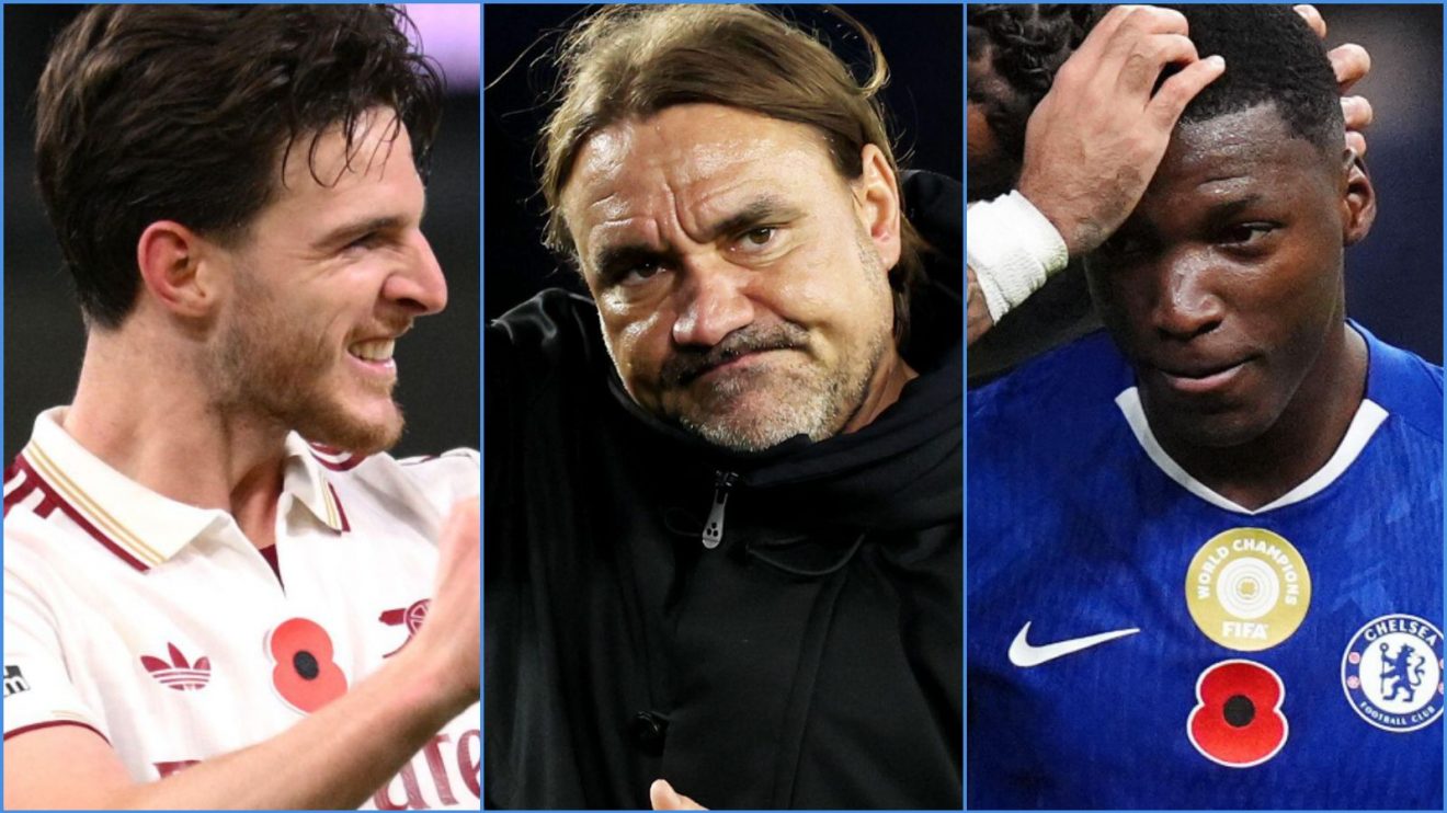Arsenal midfielder Declan Rice, Leeds manager Daniel Farke and Chelsea player Moises Caicedo