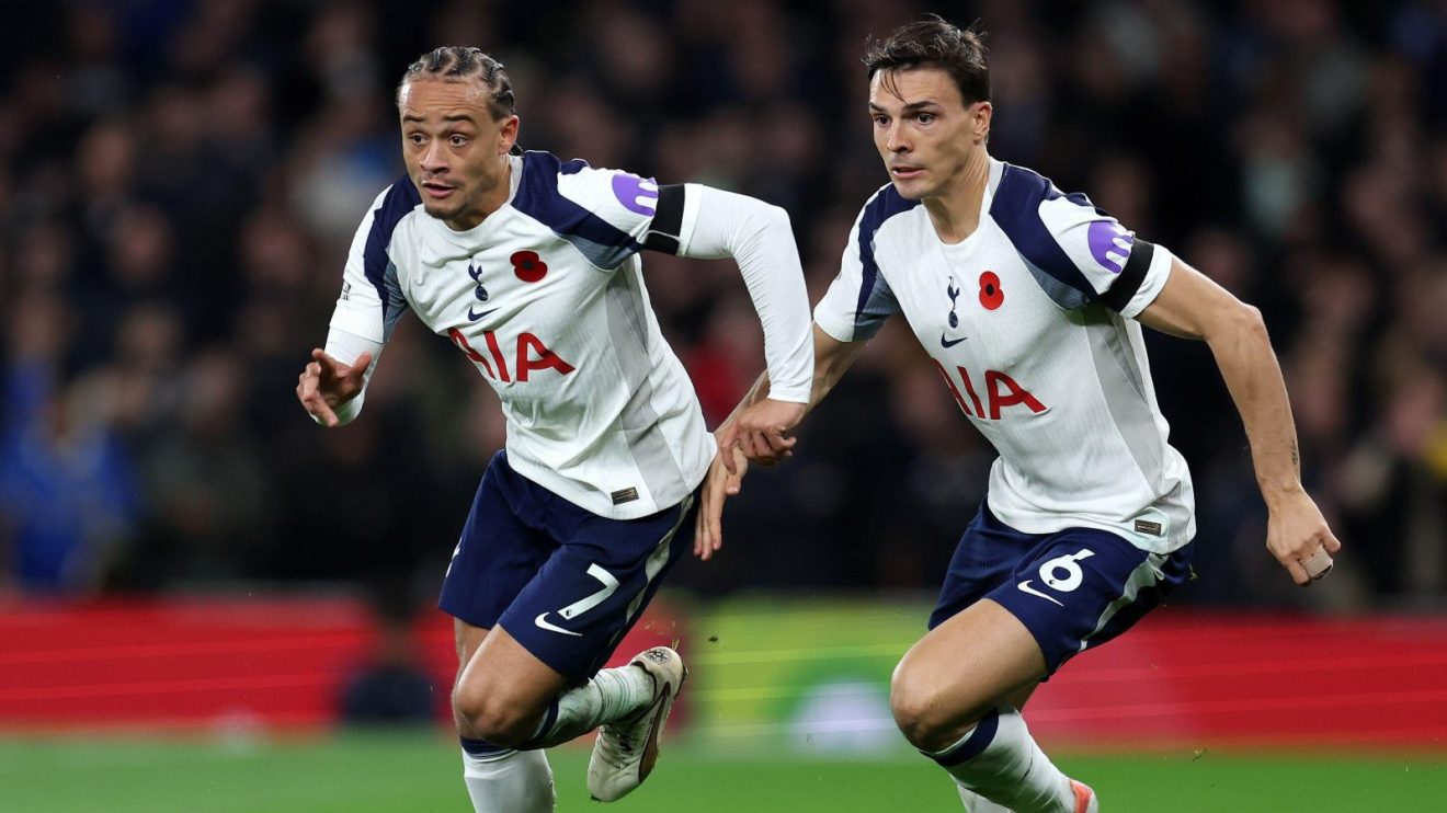Tottenham players Joao Palhinha and Xavi Simons in action