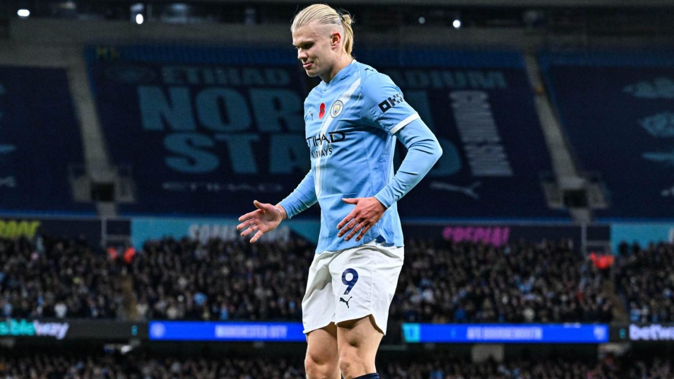 Man City striker Erling Haaland does the robot celebration