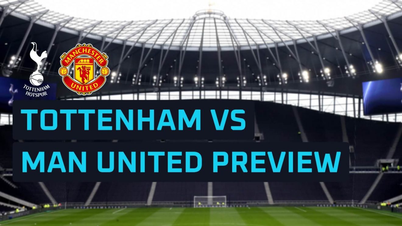 Tottenham and Man Utd club badges against a backdrop of the Tottenham Hotspur stadium.