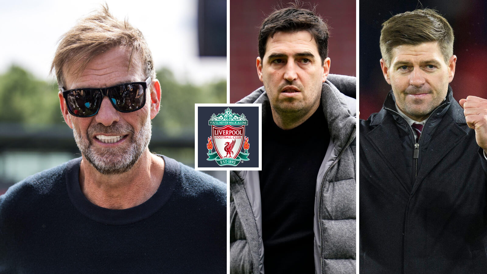 F365 Jurgen Klopp Andoni Iraola and Steven Gerrard with Liverpool badge 1