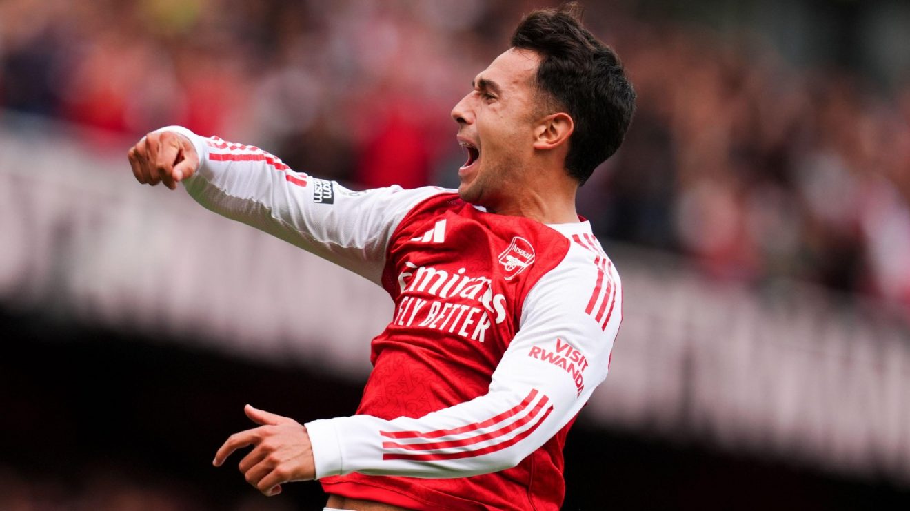 Martin Zubimendi celebrates scoring for Arsenal