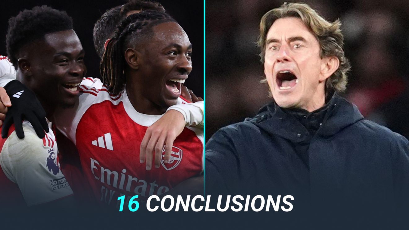 Arsenal's Bukayo Saka and Eberechi Eze celebrate; Thomas Frank shots at his Tottenham players.