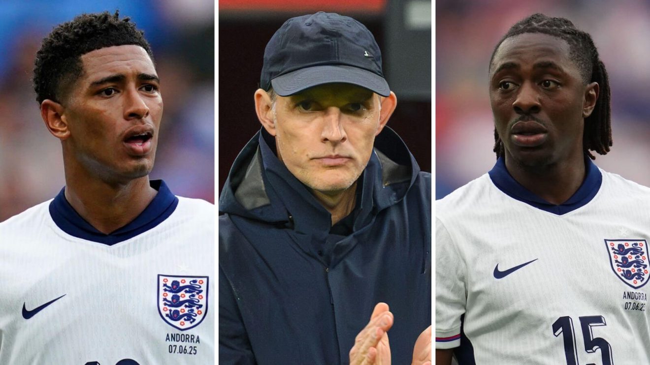 England boss Thomas Tuchel in the middle of Ebere Eze and Jude Bellingham