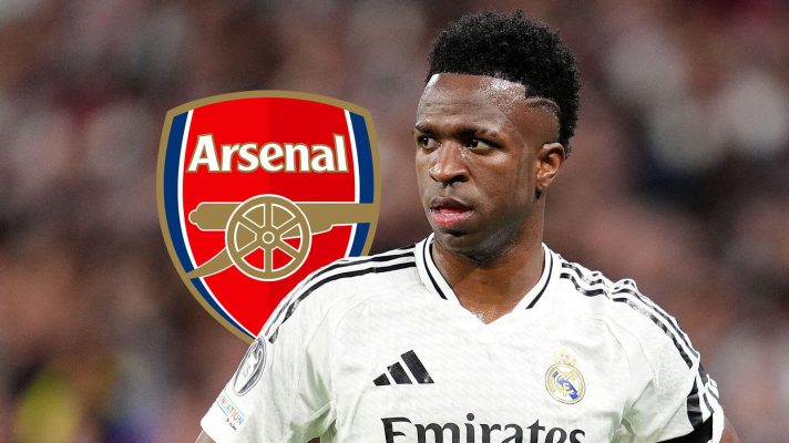 Arsenal badge and Real Madrid winger Vinicius Junior - copyright F365